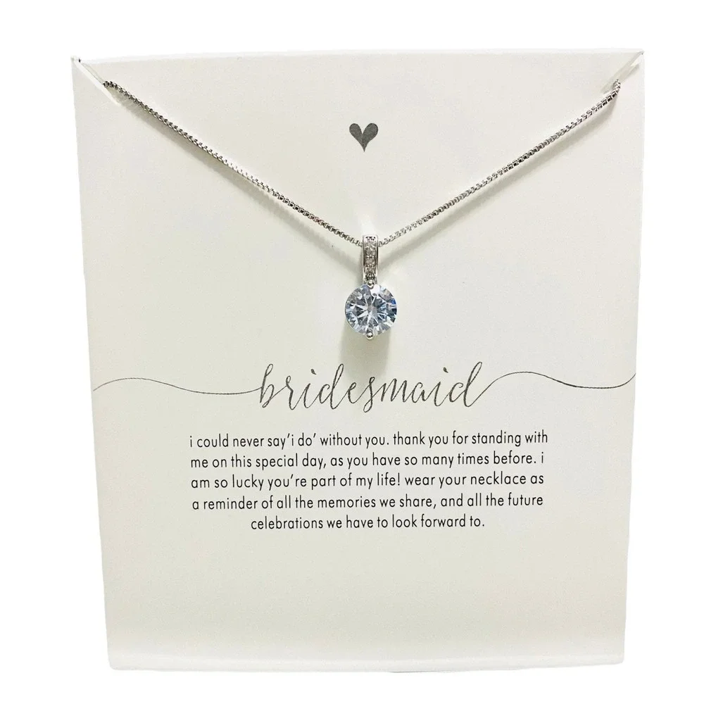Faux Diamond Pendant Bridesmaid Necklace Silver Tone 16in Chain Handmade
